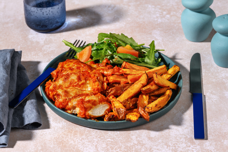 Oven-Baked Cheesy Plant-Based Crumbed Chick'n Parmigiana