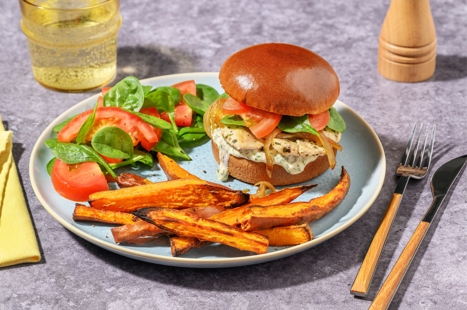 Herby Chicken Burger & Sweet Potato Fries