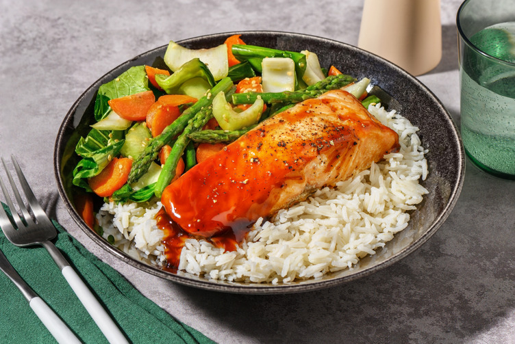 Tender Teriyaki-Glazed Salmon, Prawns & Rice