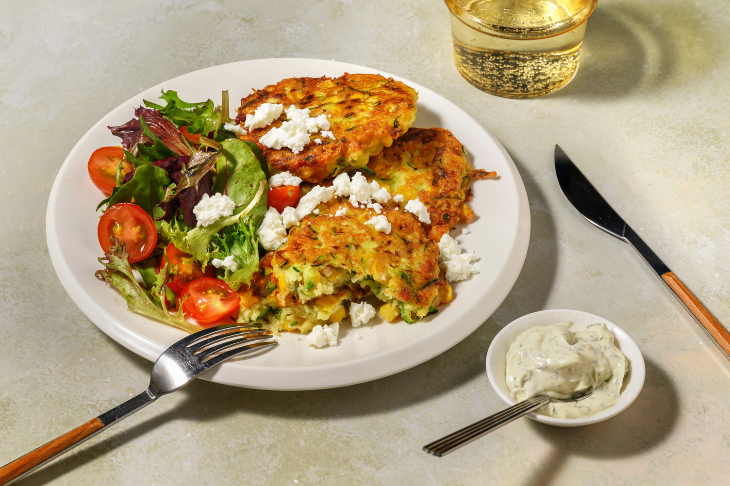 Golden Bacon-Veggie-Stacked Fritters & Haloumi