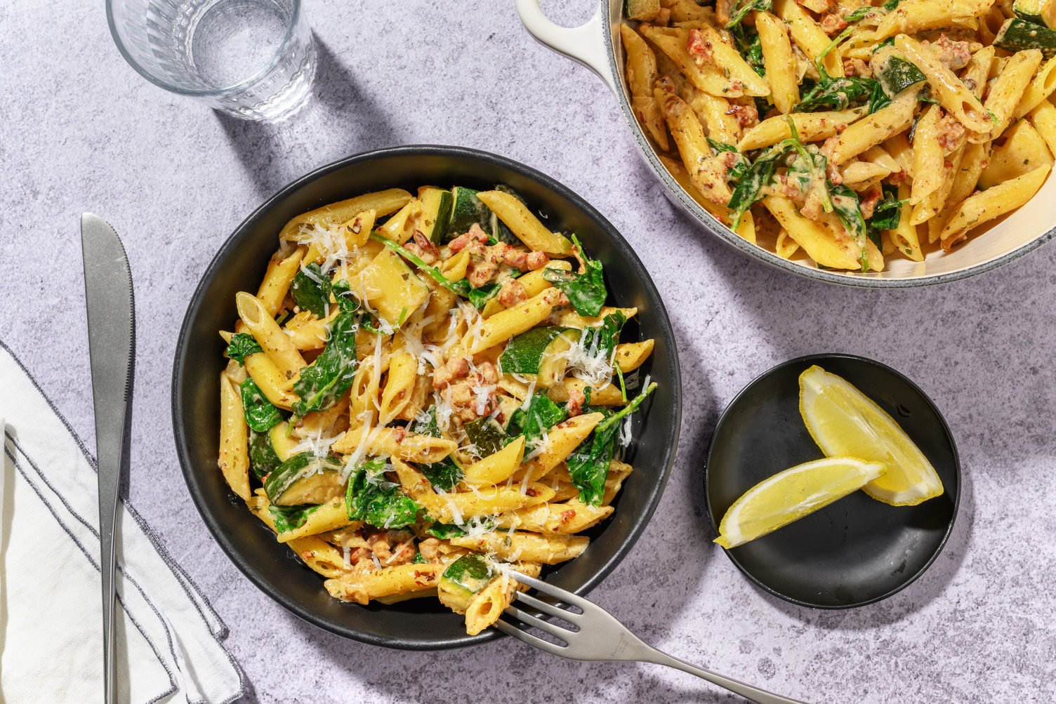One-Pan Creamy Bacon & Chorizo Leek Penne