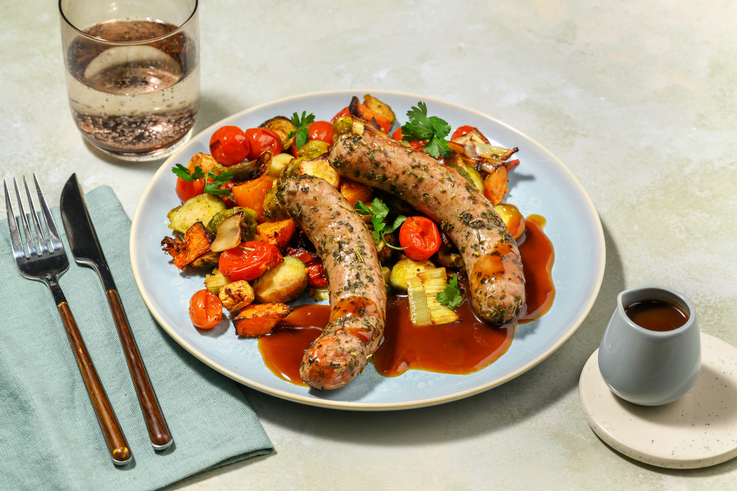 Double Easy Pork Sausages & Brussels Sprout Traybake