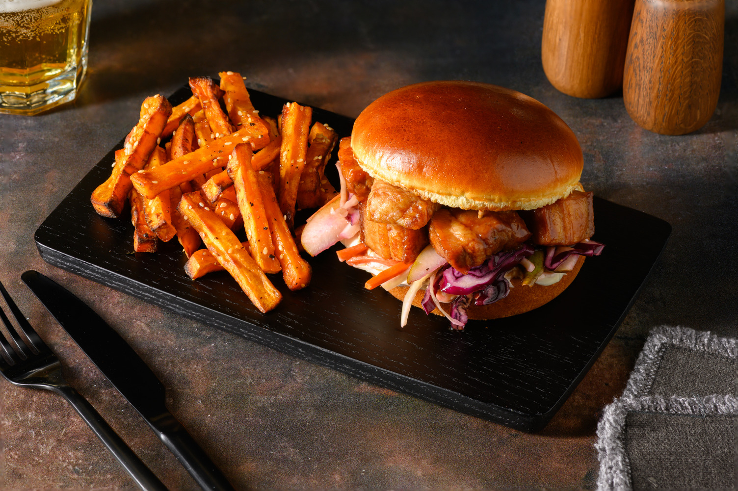 Teriyaki Pork Belly Burger & Kūmara Fries