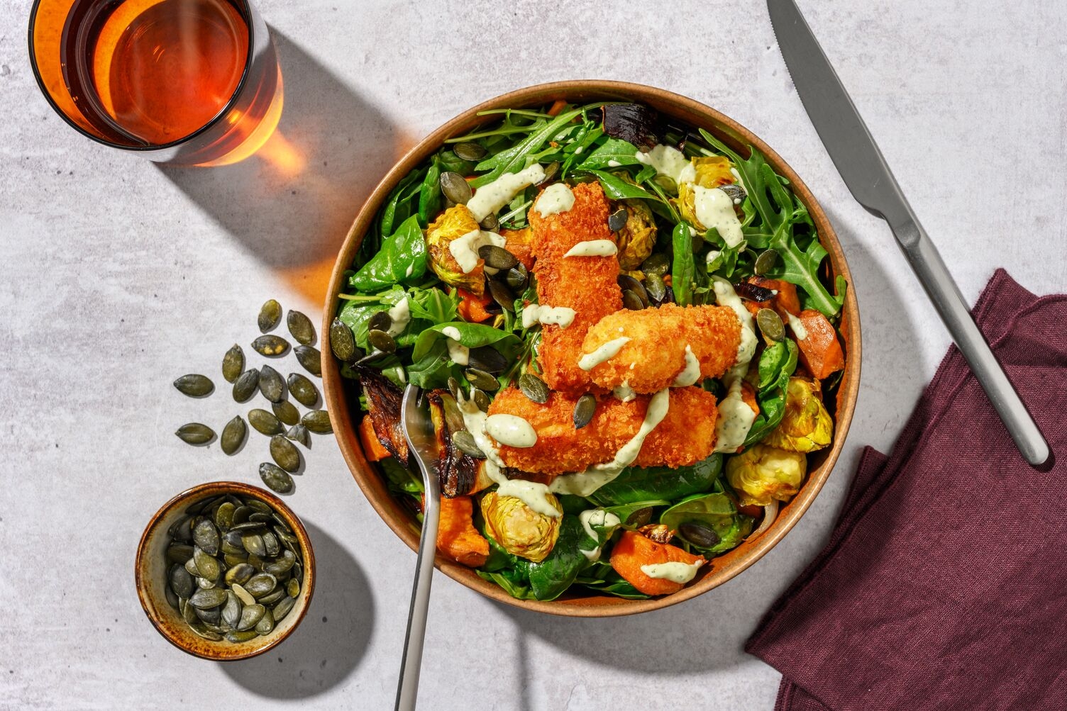 Crumbed Pork & Spiced Roast Veg Salad