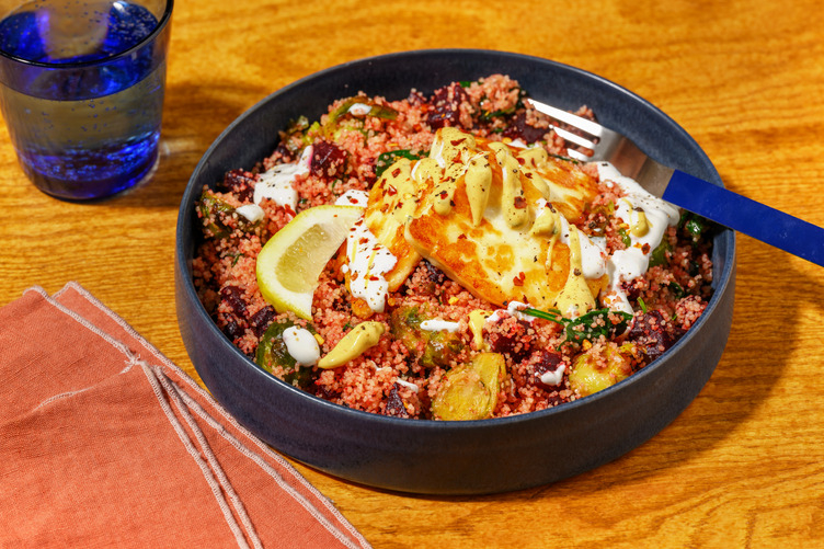 Golden Haloumi, Salmon & Roast Veggie Couscous