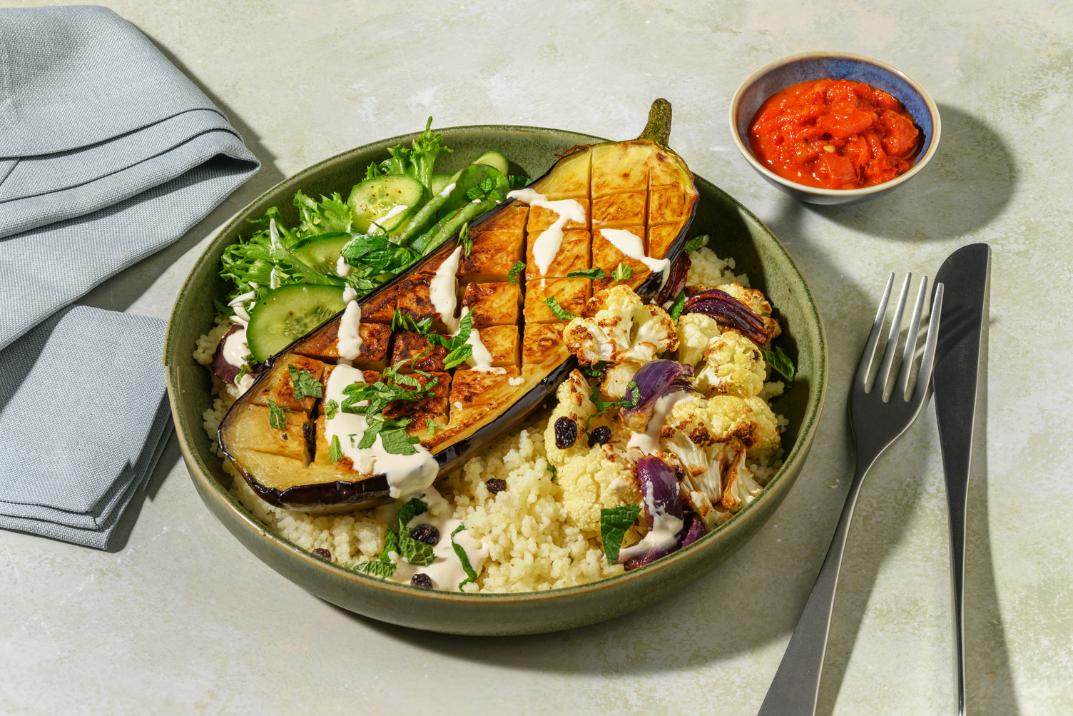Roast Eggplant, Chicken & Jewelled Couscous Bowl