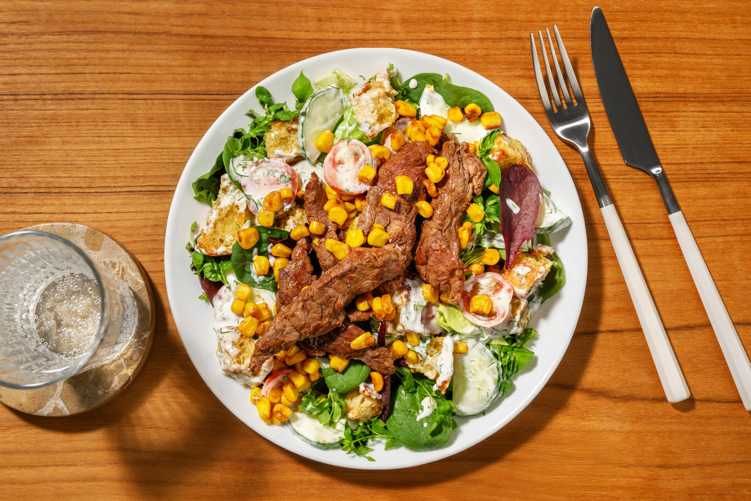 Quick Peri-Peri Beef-Haloumi Salad & Herby Dressing