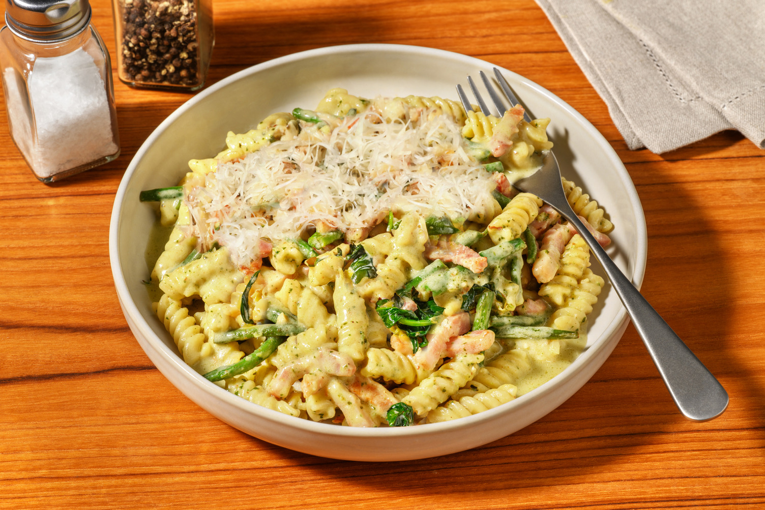 Rich Bacon, Prawn & Pesto Fusilli