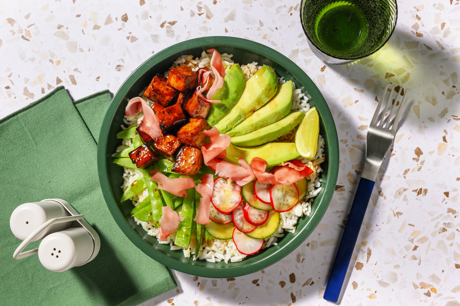 Sweet Soy Tofu & Pea Pod Poke Bowl