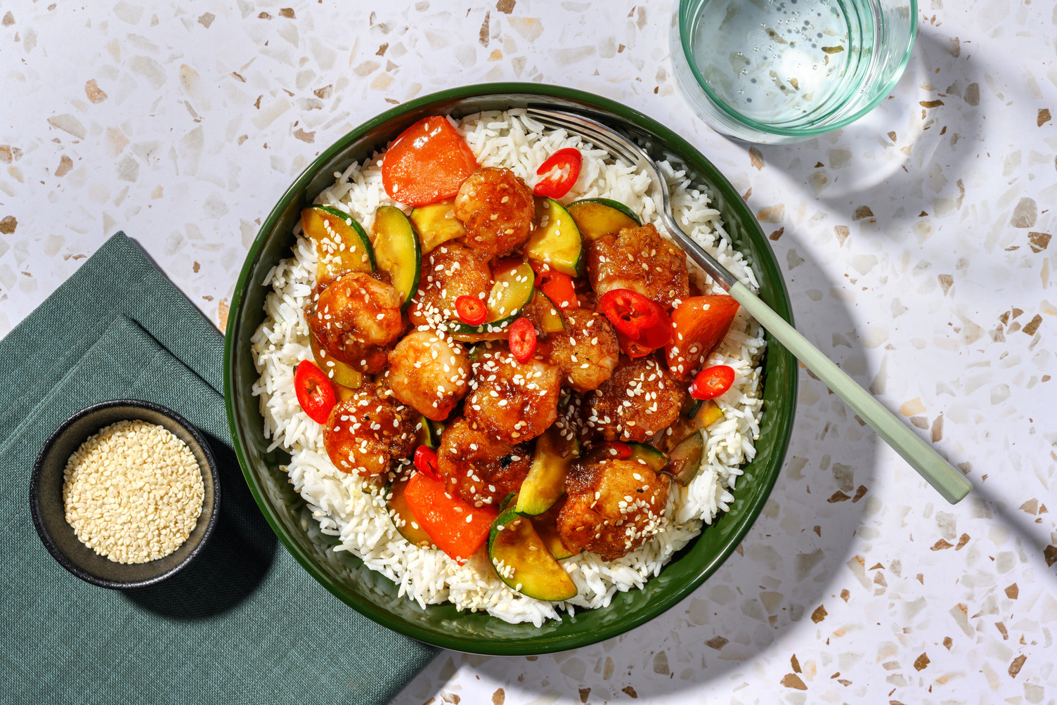 Glazed Sesame-Honey Prawns, Chicken & Garlic Veg