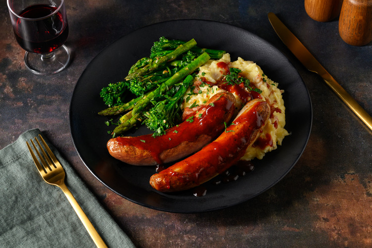 Saucy Pork Sausages & Parmesan-Bacon Mash