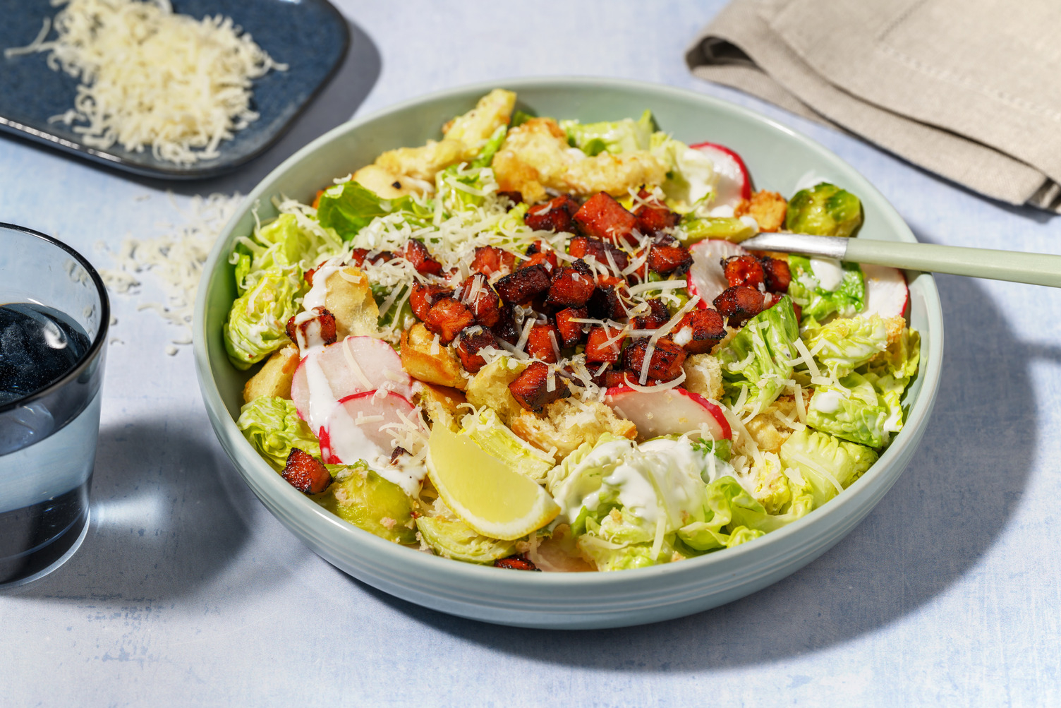 Quick Chicken, Chorizo & Brussels Sprout Caesar Salad