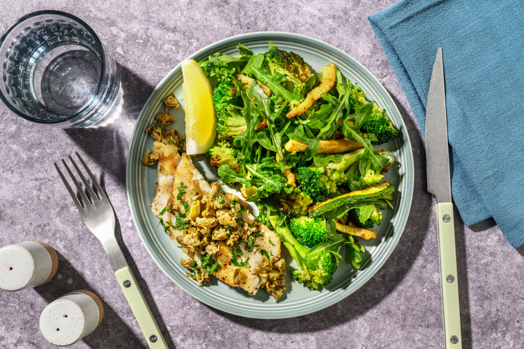 Pan-Fried Barramundi, Prawns & Herby Caper Topping