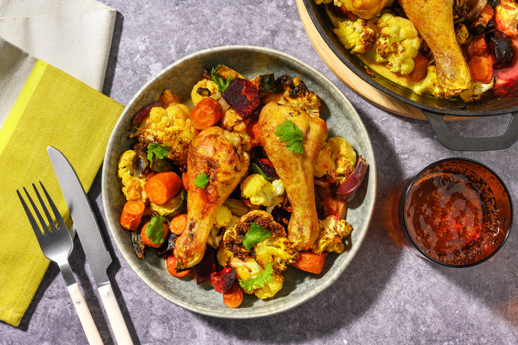 Oven-Baked Indian Chicken, Prawns & Rainbow Veg