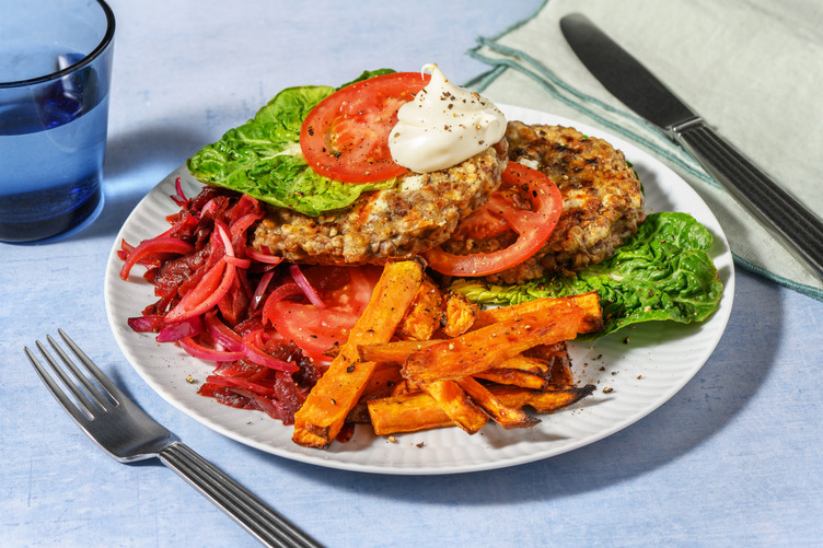 Feta-Lentil Bunless Patties, Beef & Beetroot Relish