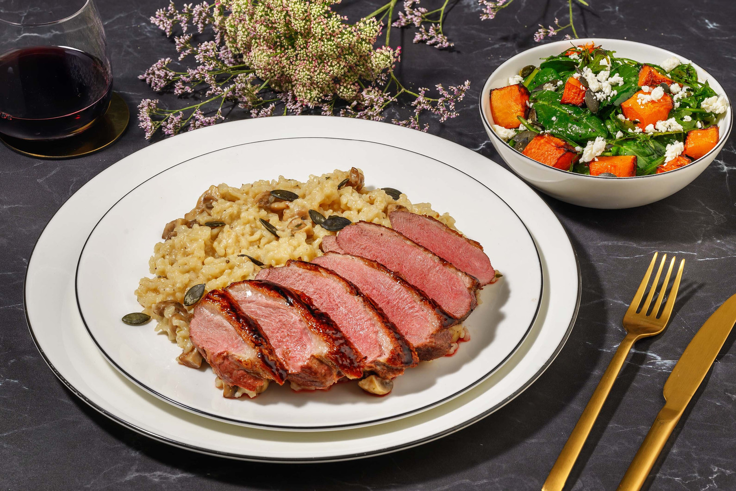 Canard glacé au balsamique et risotto aux champignons