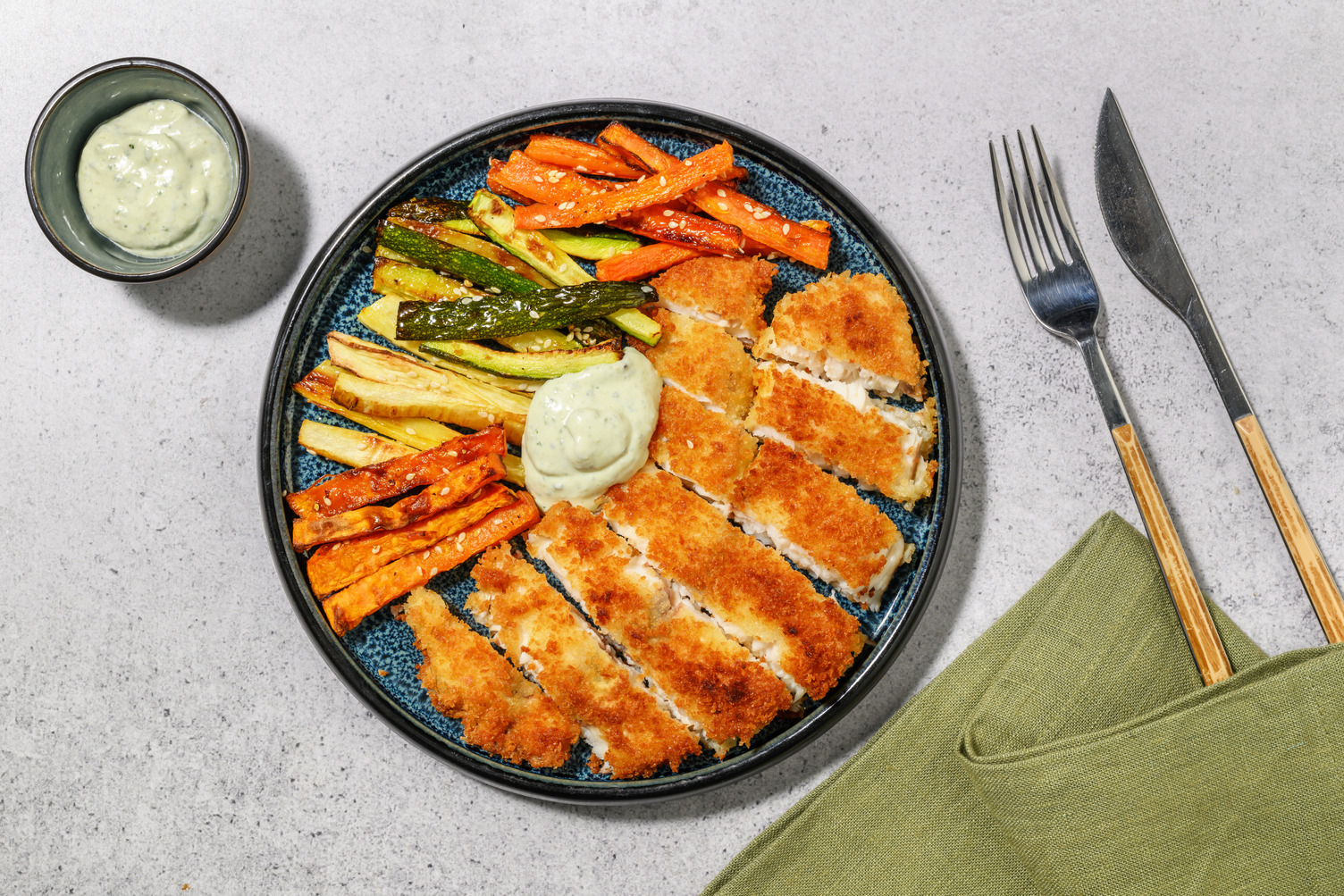 Plant-Based Crumbed Chick'n & Rainbow Veggie Fries