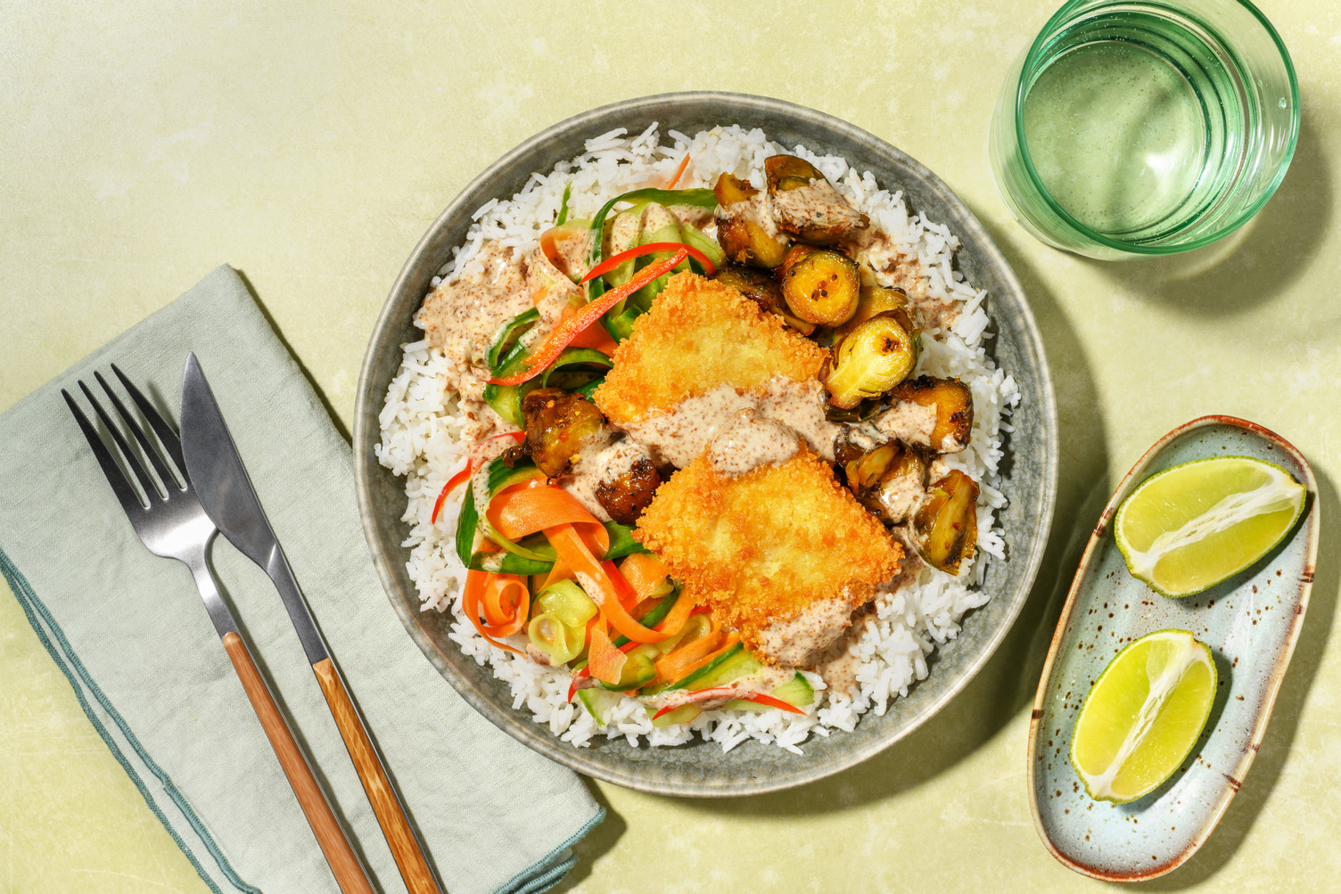 [Perfection Fresh] Crumbed Tofu Steaks & Sticky Bambino Brussels Sprouts