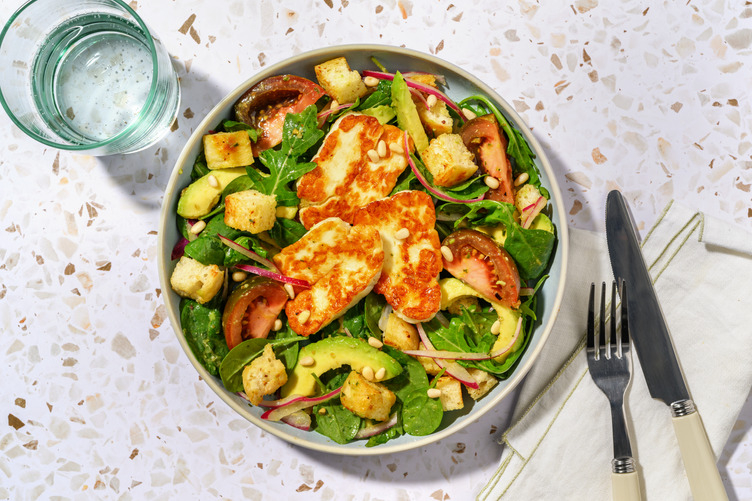 Honey Haloumi, Salmon & Pesto Kumato Salad