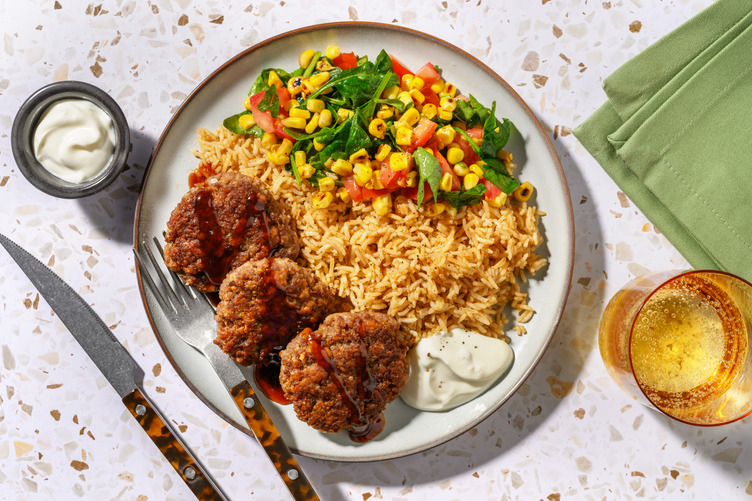 Hot Sauce-Glazed Double Beef Rissoles & Spiced Rice