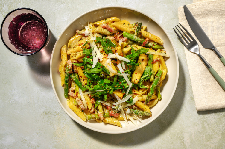 Creamy Pesto Bacon, Prawn Pasta & Rocket Salad