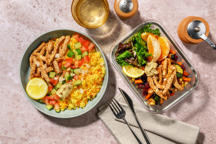 Chermoula Pork, Salad & Carrot Couscous for Dinner