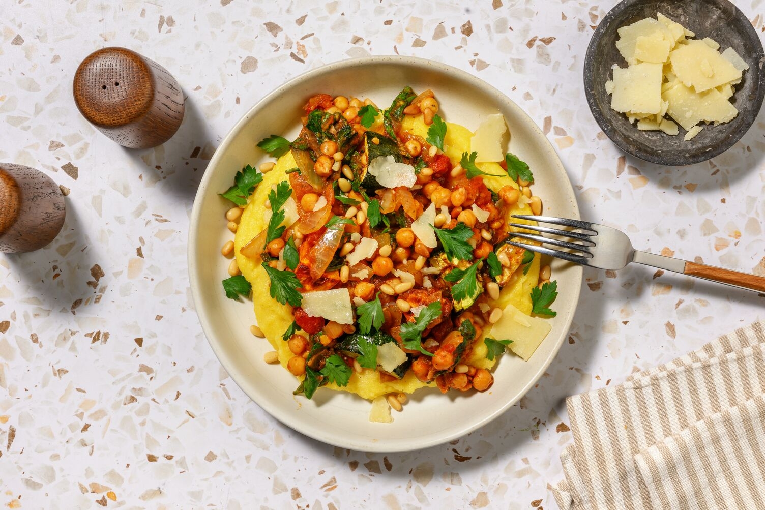 Saucy Pesto Beef Brisket, Chickpea & Creamy Polenta Bowl
