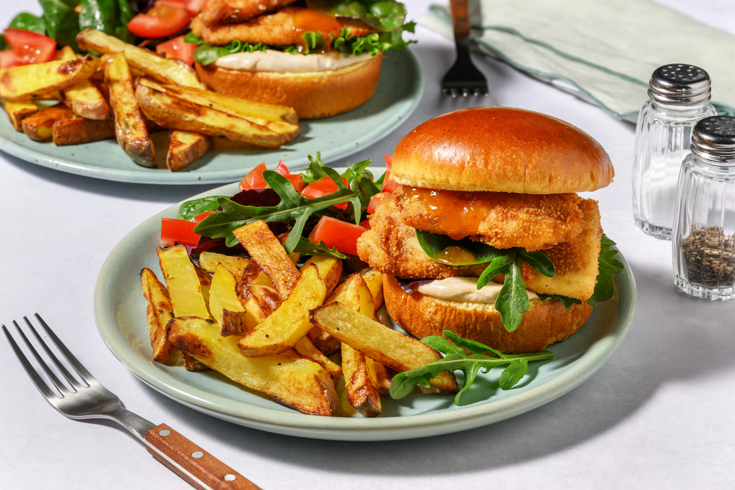 Crispy Jerk Basa Burger and Chips