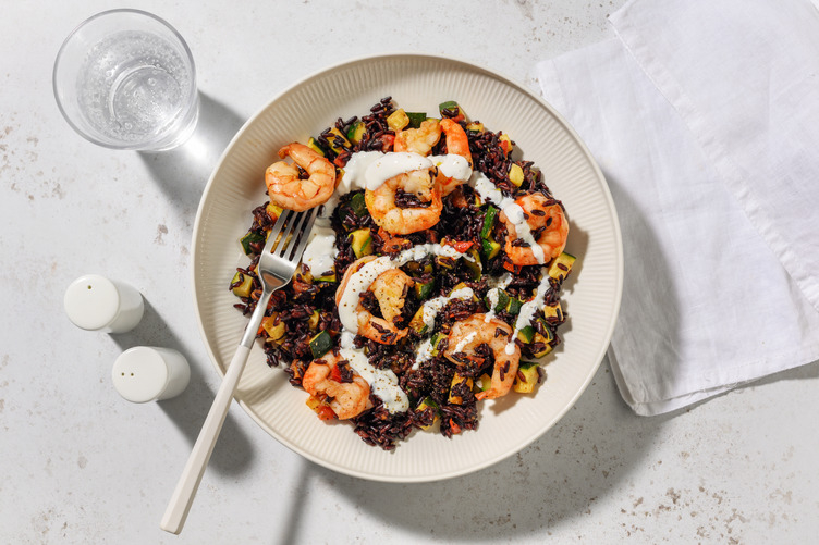 Mazzancolle,  riso nero e verdure dell'orto