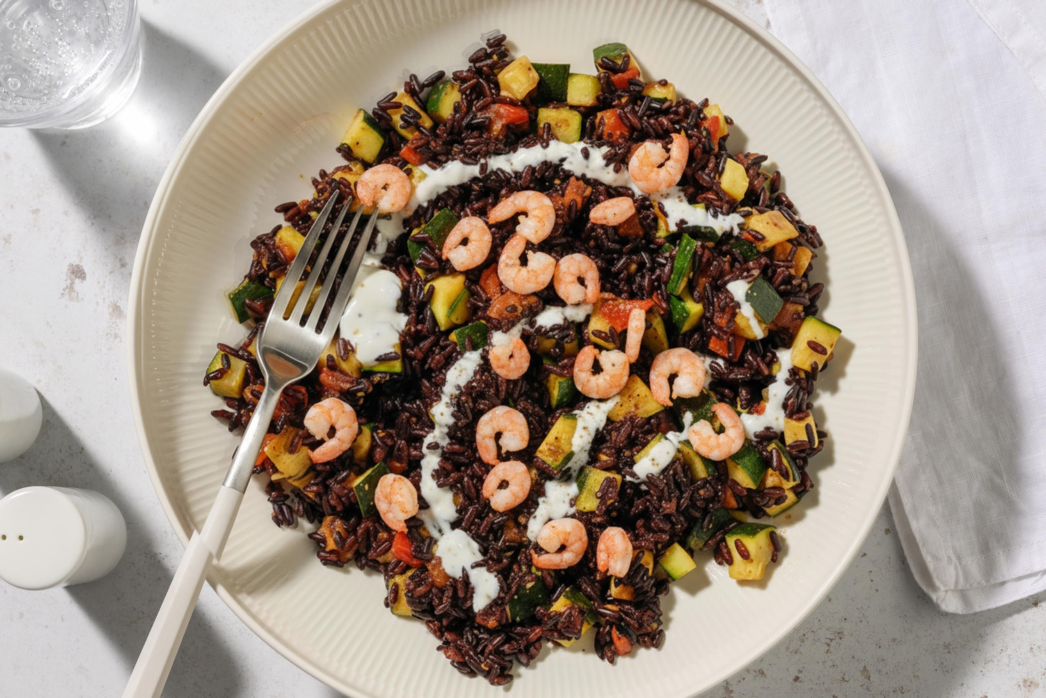 Riso nero ai gamberetti e yogurt greco 0% grassi