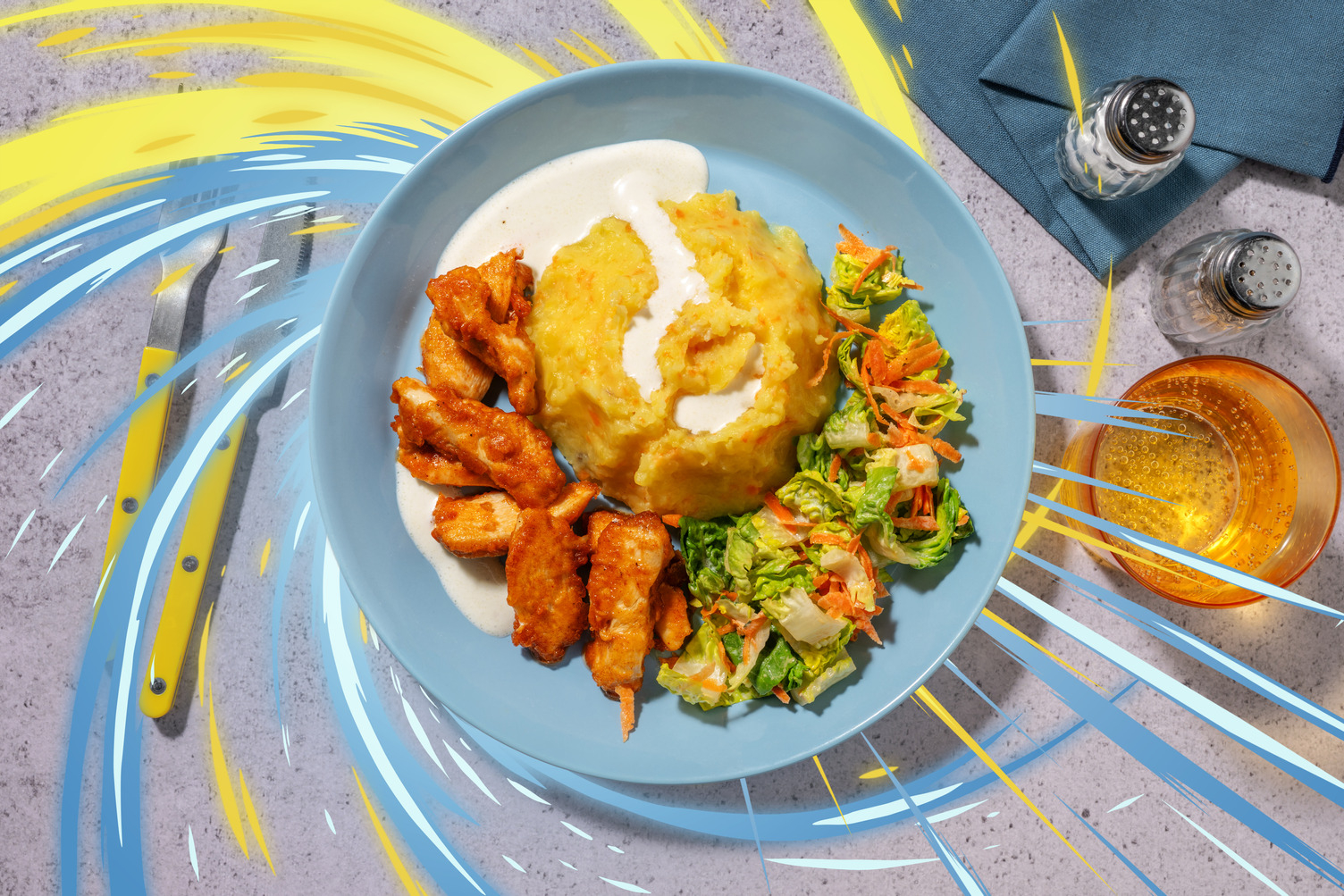 Blitzhuhn mit Kartoffelbrei-Vulkan inspiriert von Mega-Camerupt