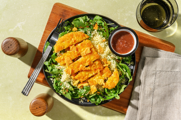 Pollo vegano crujiente con vinagreta de fresa