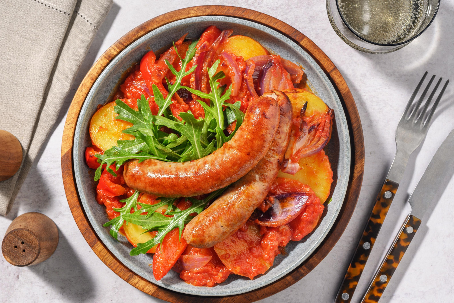 Lecsó style pork sausage and vegetable hotpot