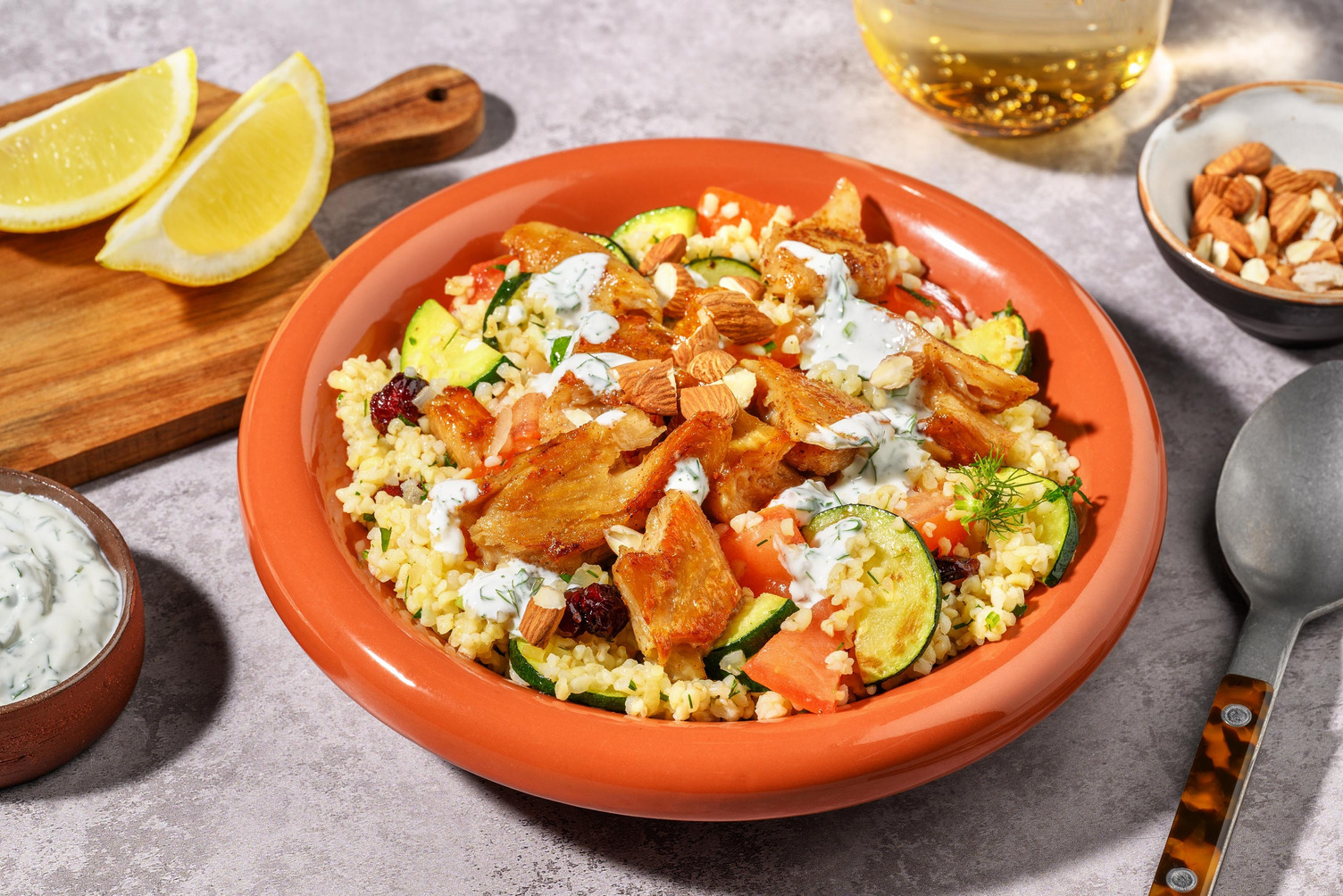 Veggie No-Chicken Bulgur Bowl with Yogurt Sauce