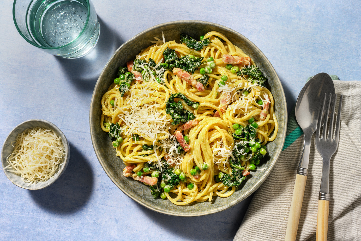 Easy Peasy Chicken, Bacon and Pea Pesto Spaghetti