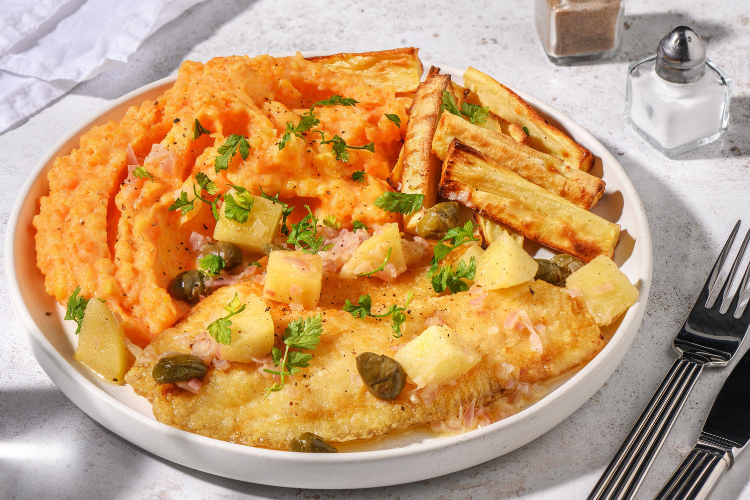 Pannstekt sej i äppel- och kaprissås