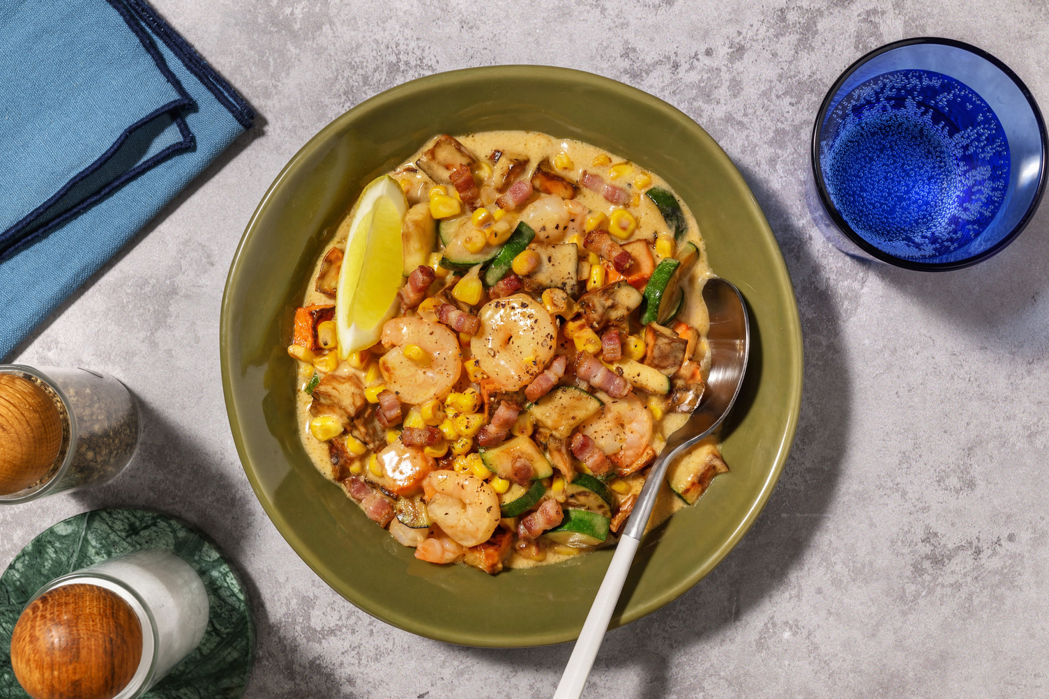 Cajun Style Prawn, Bacon and Corn Chowder