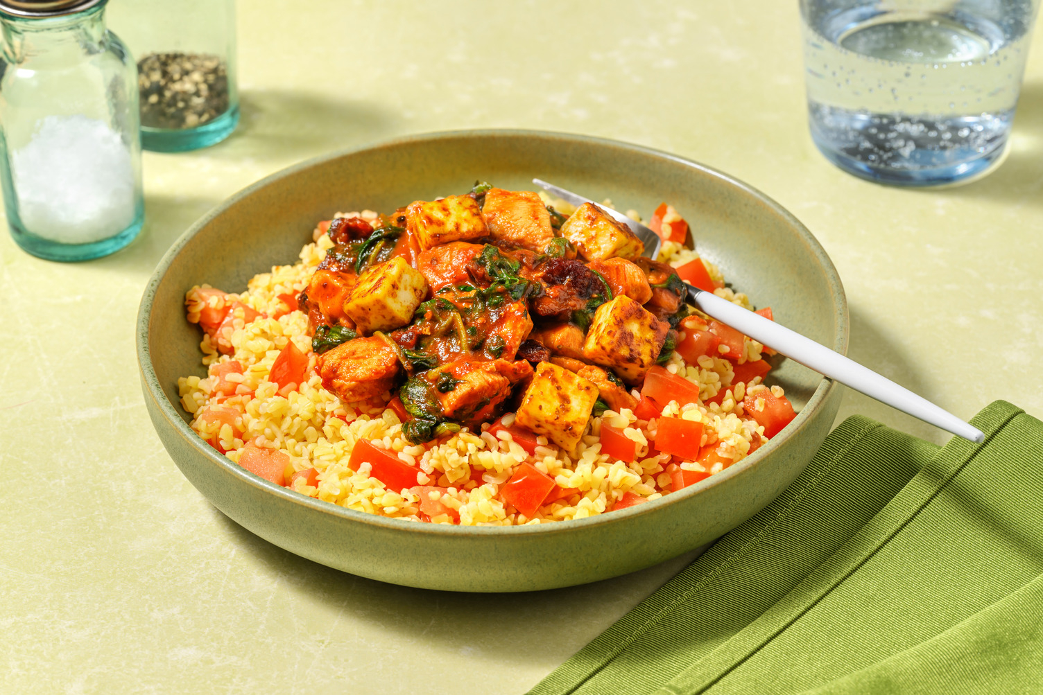 Quick Harissa Cranberry Chicken and Halloumi on Bulgur