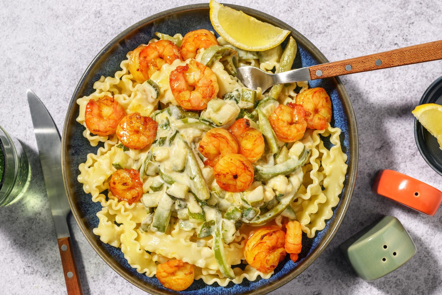 Curry de crevettes laquées et mafaldine