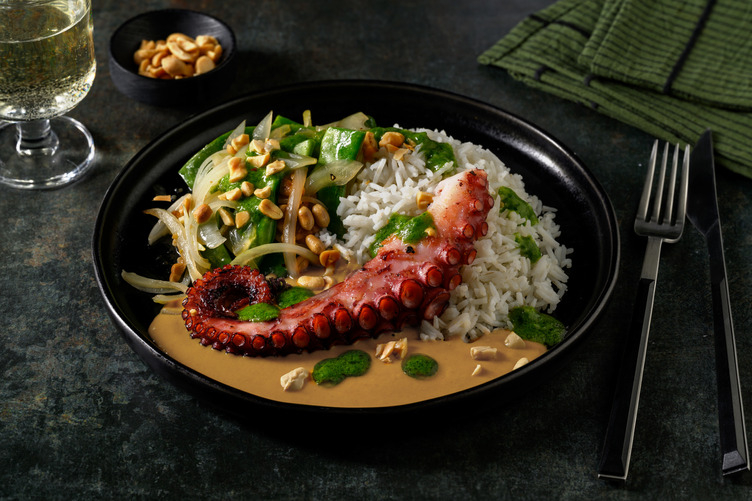 Pulpo al curry massaman con aceite de cilantro