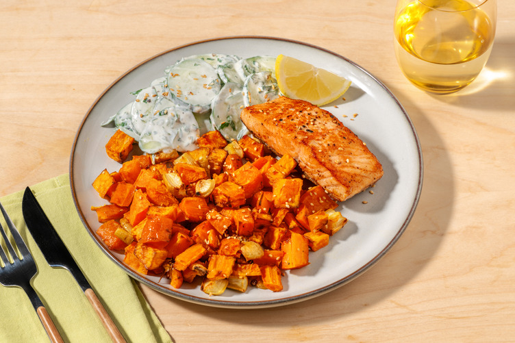 Fried Salmon and Roast Root Veg