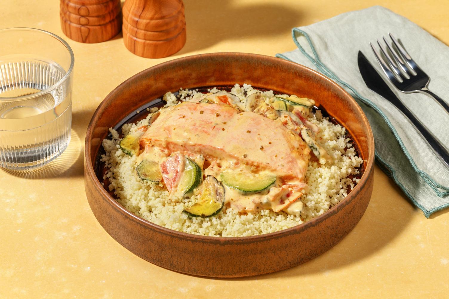 Salmón en salsa cremosa de tomate y calabacín