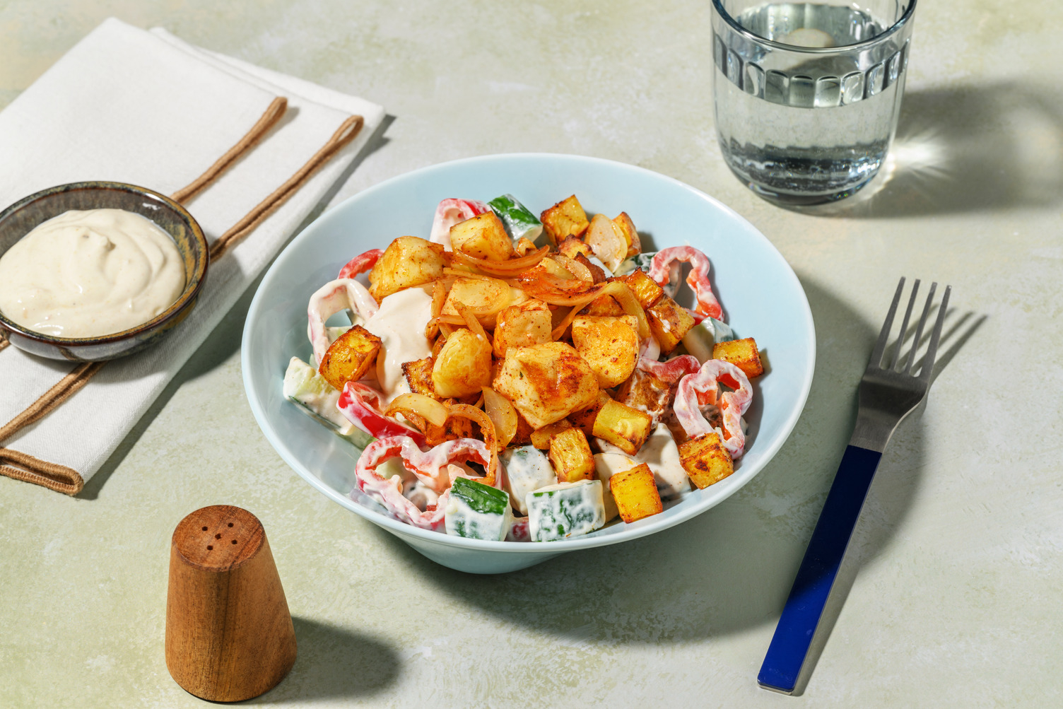 Pittige witte grillkaas met salade met abrikozendressing