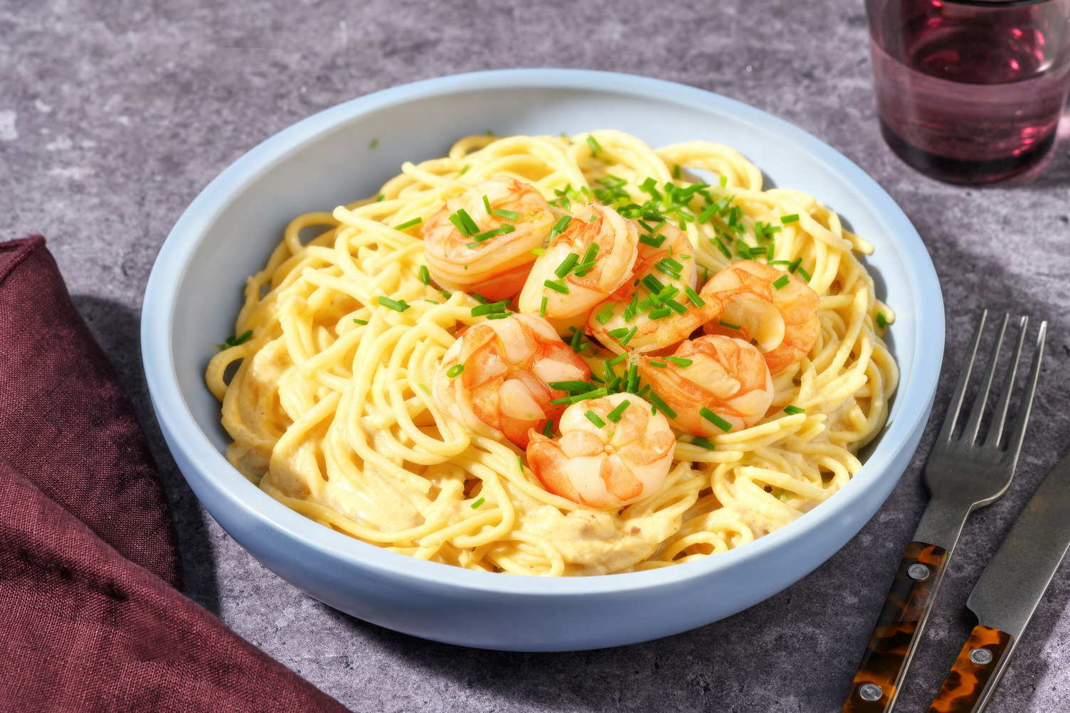 Spaghettoni alle mazzancolle su crema di ceci