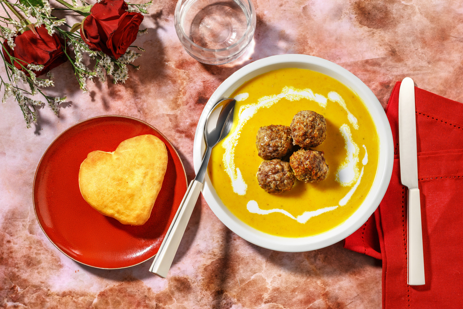 Soupe crémeuse de potimarron & boulettes de viande