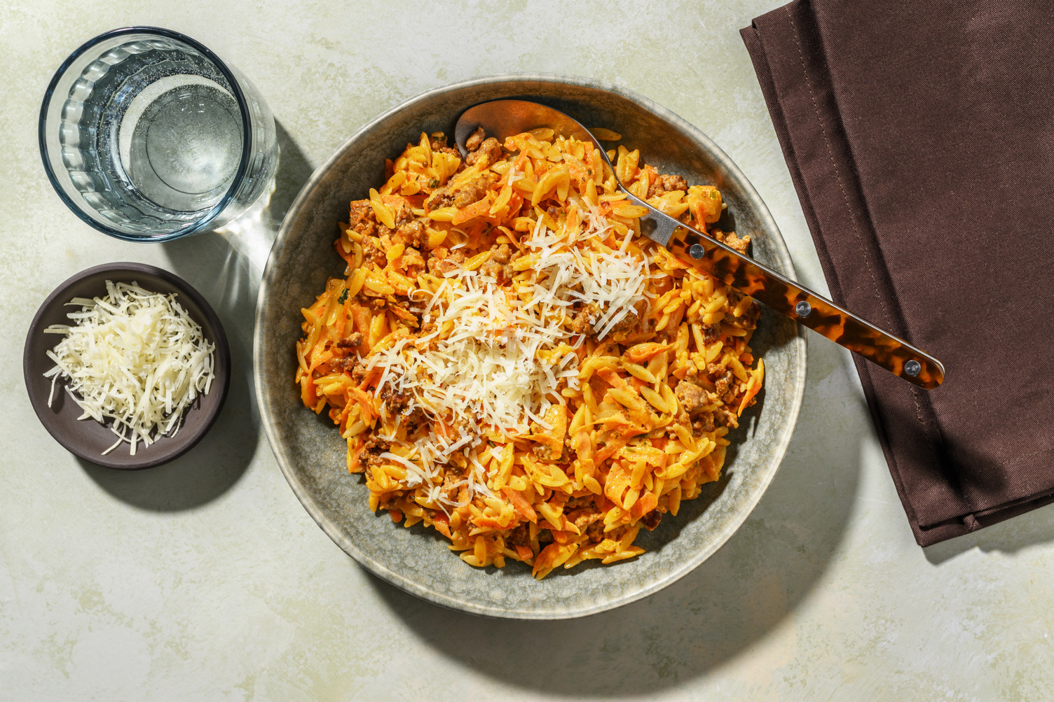 Orzo, haché végétal & duo de fromages