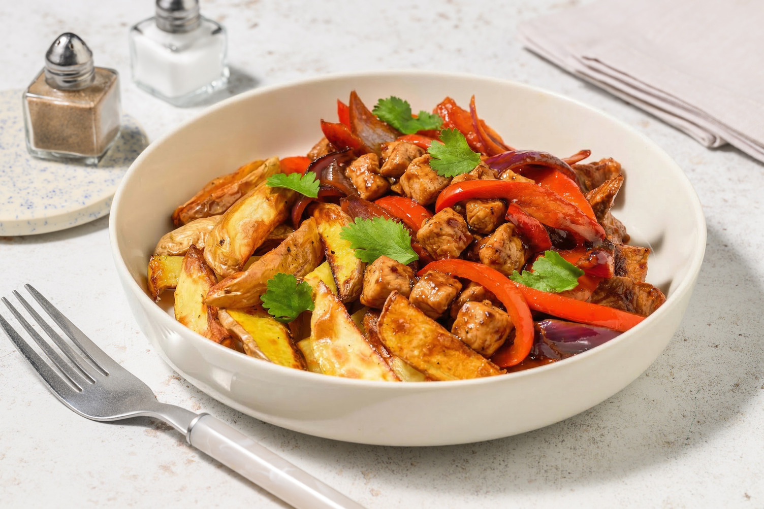 Poulet sauté façon lomo saltado péruvien