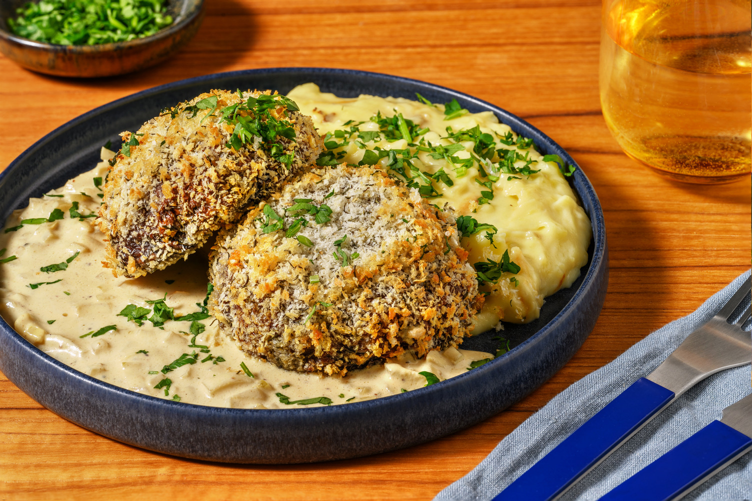 Portobellos panés & sa sauce au poivre