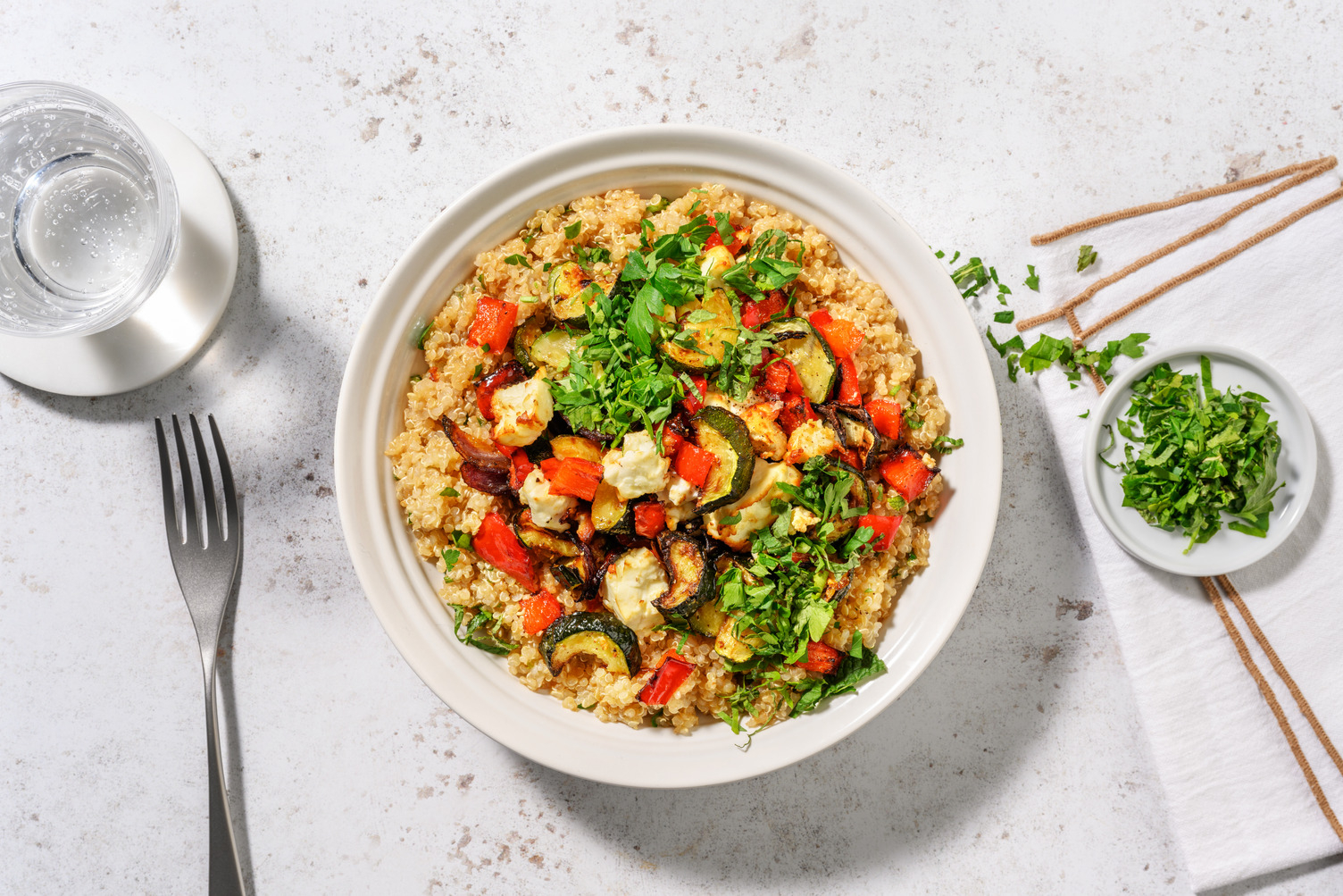 Légumes rôtis, chèvre frais & quinoa