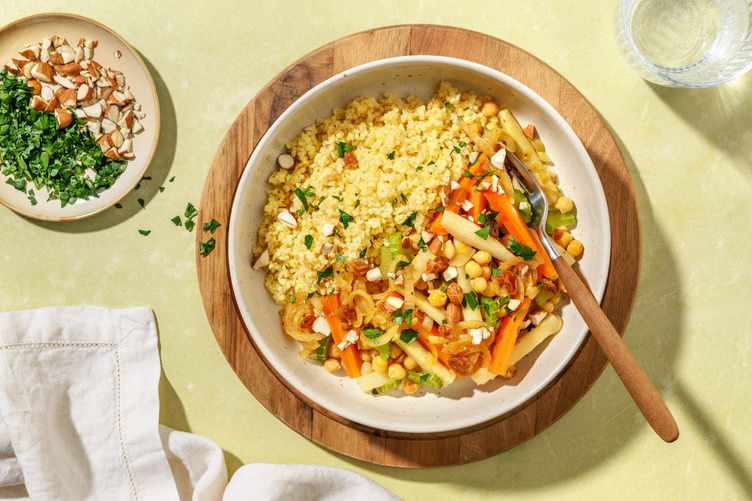 Tajine végé, amandes & tfaya d’oignons